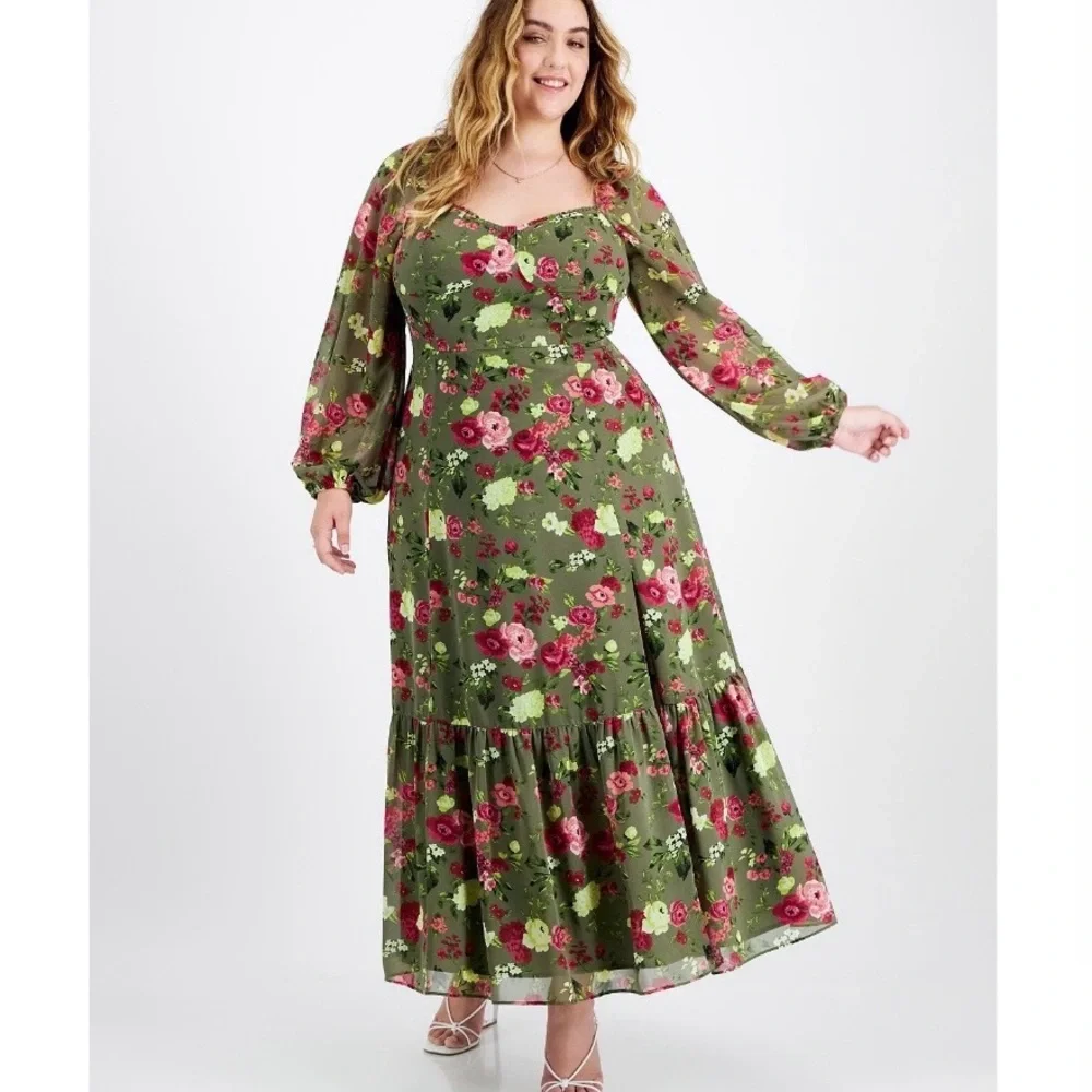 Green Floral Maxi Dress 1X - Picture 1 of 3